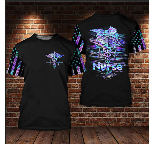 Caduceus Nurse Life Hologram Style 3D Printed, Flag Pattern Nurse Shirt, Best Gift for Nurse TO3259