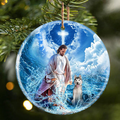 Husky And God Walking On The Ocean Wave Ceramic Ornament SO1128