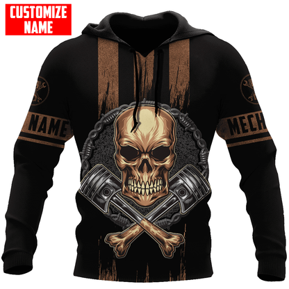 Personalized American Mechanic Skull Printed Hoodie Shirts, Custom Name Skull Mechanic Shirt SO0427