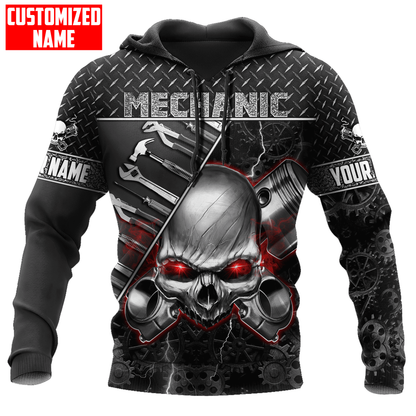 Personalized American Mechanic Skull Printed Hoodie Shirts, Custom Name Skull Mechanic Shirt SO0427