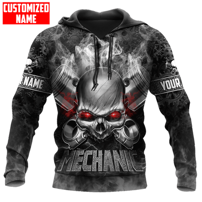 Personalized American Mechanic Skull Printed Hoodie Shirts, Custom Name Skull Mechanic Shirt SO0427