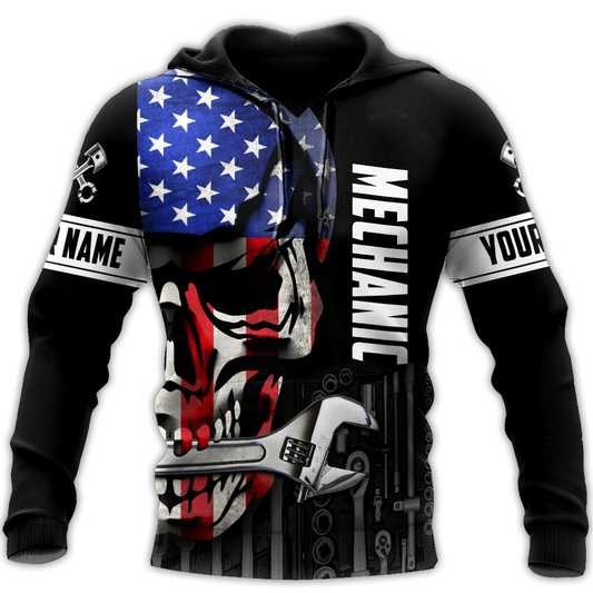 Personalized American Mechanic Skull Printed Hoodie Shirts, Custom Name Skull Mechanic Shirt SO0427