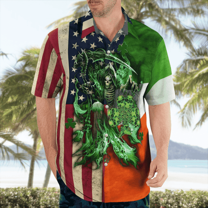 St. Patrick's Day Hawaiian shirt, Irish Grim Reaper Irish Flag And American Flag Hawaii Shirt PO0098