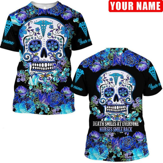 3D All Over Print Skull Nurse Smile Back Shirt, Best Idea Gift for Nurse, Skull Flower Nurse Shirt TO3239