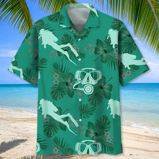 Scuba Diving Kelly Green Hawaiian Shirt, Aloha Summer Scuba Diving Shirts, Scuba Diving Turtle Hawaiian Shirt HO0360