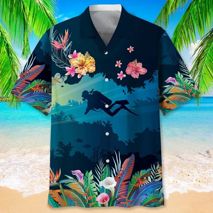 Scuba Diving Coconut Ocean Hawaiian Shirts For Travel Summer, Scuba Diving 3D All Over Printed Hawaii Shirt HO4814