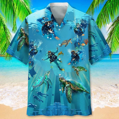 Scuba Diving Turtle Hawaiian Shirt For Summer Travel, Aloha Scuba Diving Beach Shirt For Man And Woman HO4812