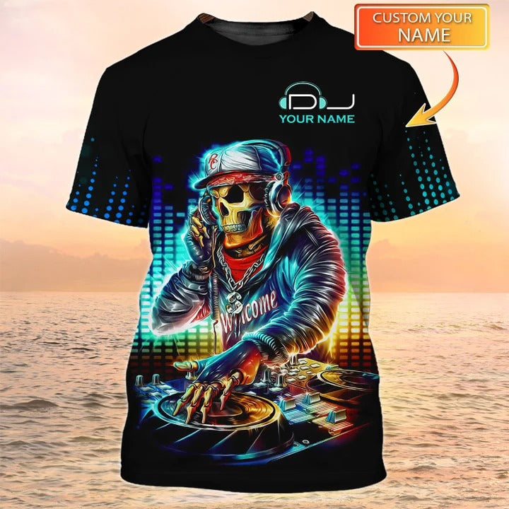 Personalized Name Skull DJ Design Shirt Neon Light, DJ T Shirts TO2032