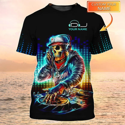 Personalized Name Skull DJ Design Shirt Neon Light, DJ T Shirts TO2032