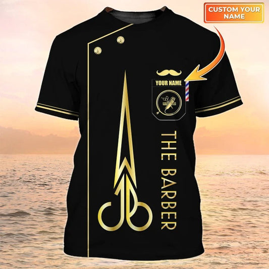 3D All over Print Barber T shirt Custom Barber Shirt Barber Shop Uniform Black & Gold TO2044