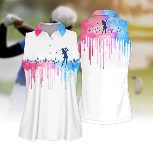 Tendpins 3D All Over Print Golf Polo Shirt, Golf Heart Beat Watercolor Sleeveless Polo Shirt SO1405