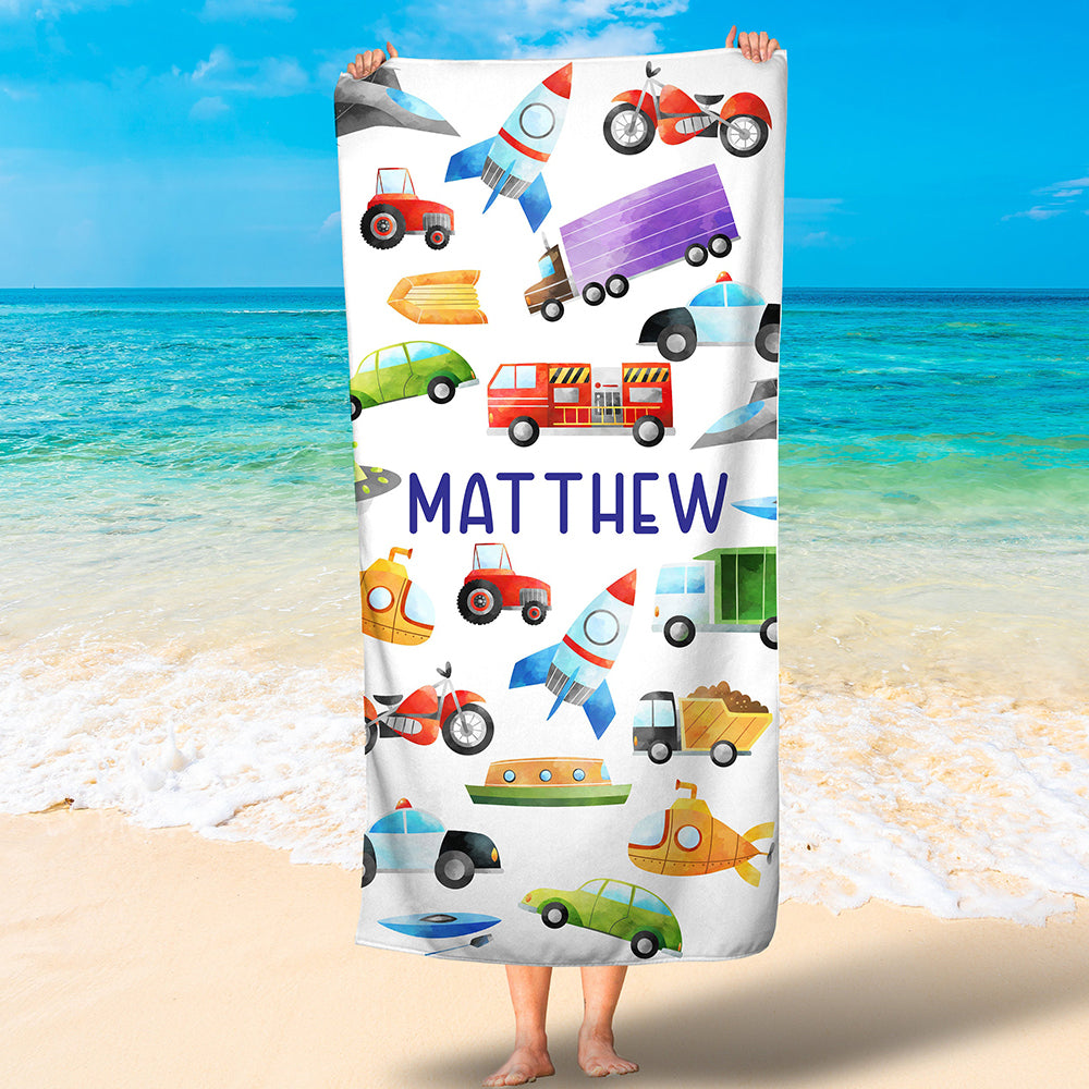 Personalized Construction Boys Beach Towel, Excavator, Toy Kid, Custom Name Truck Kid Bath Towel for Boys SO0076