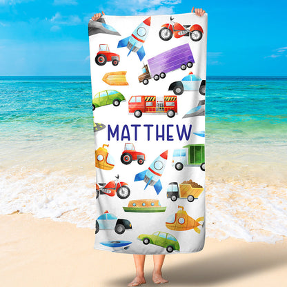 Personalized Construction Boys Beach Towel, Excavator, Toy Kid, Custom Name Truck Kid Bath Towel for Boys SO0076