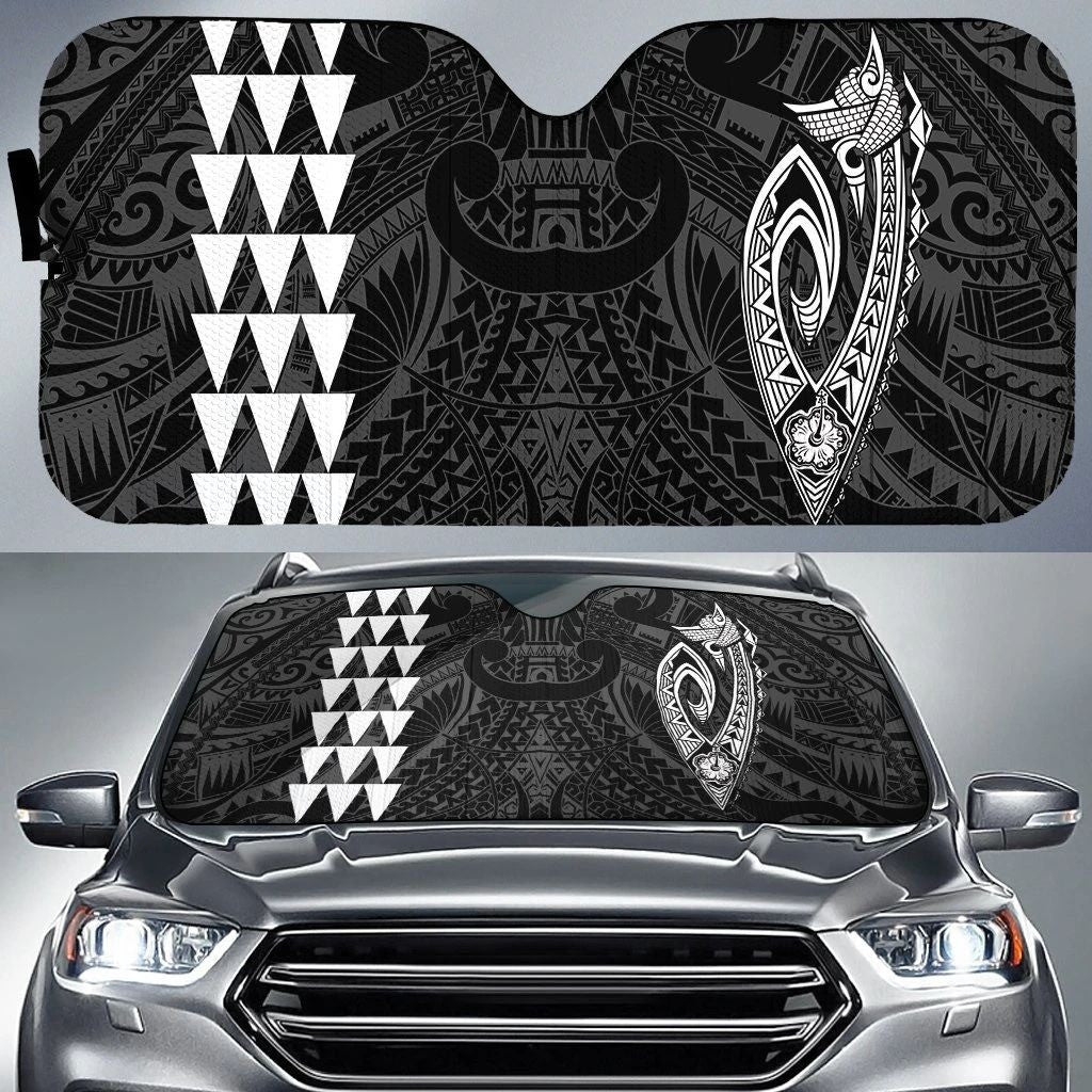 White Hawaii Map Turtle Ohana Hibiscus Kakau Polynesian Car Sun Shade Cover Auto Windshield Tendpins SO0396