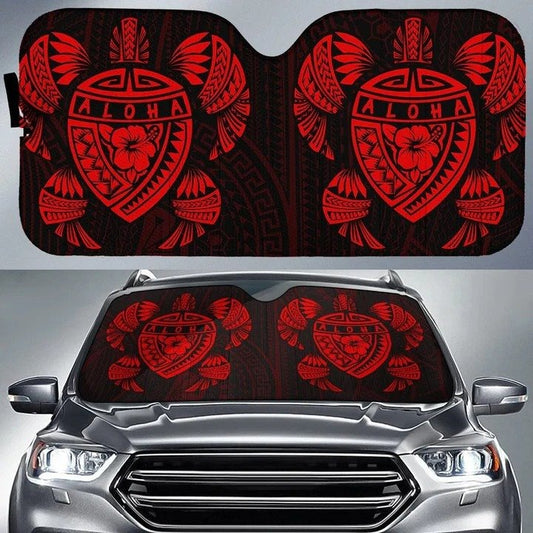 Red Hawaii Map Turtle Ohana Hibiscus Kakau Polynesian Car Sun Shade Cover Auto Windshield Tendpins SO0397