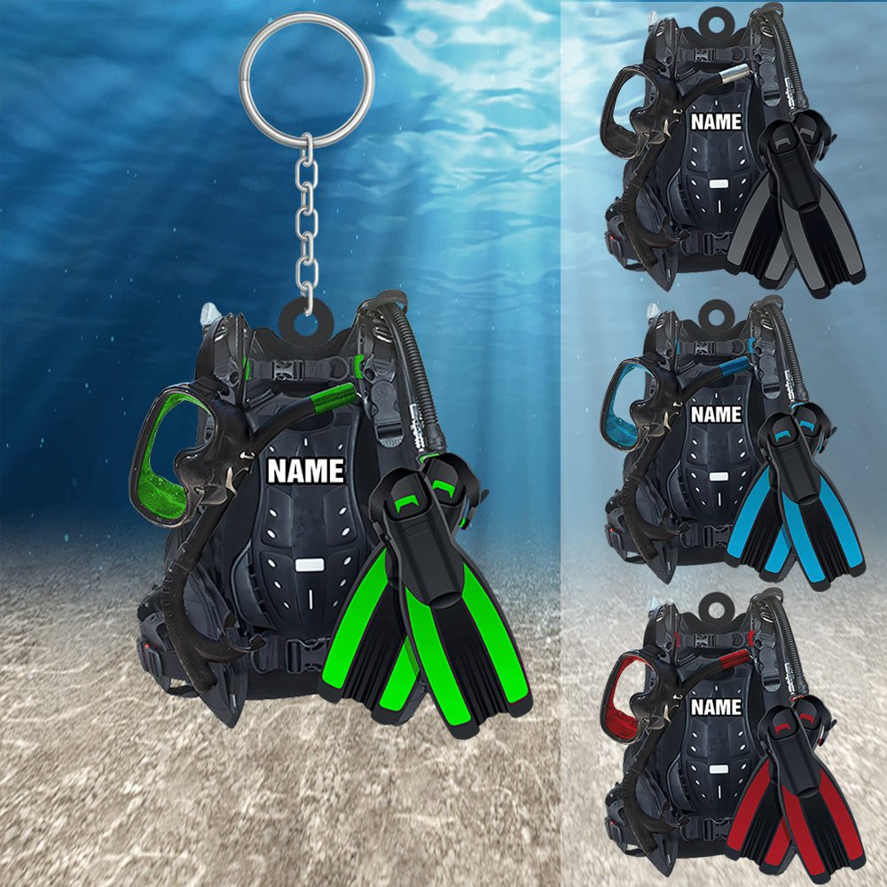 Personalized Scuba Diving Equipment Keychain, Custom Name Flat Keychain for Diver KO0224