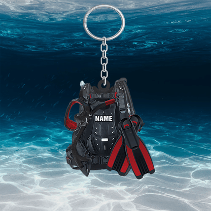 Personalized Scuba Diving Equipment Keychain, Custom Name Flat Keychain for Diver KO0224