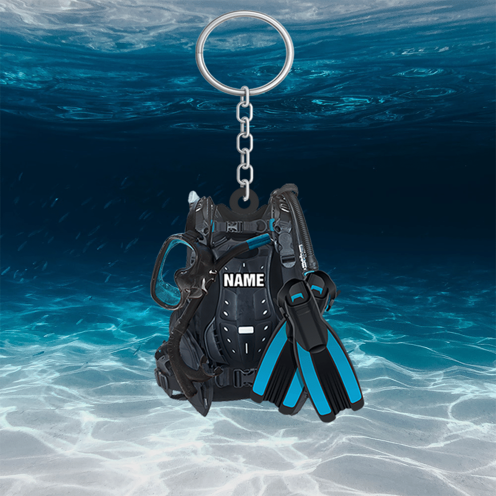 Personalized Scuba Diving Equipment Keychain, Custom Name Flat Keychain for Diver KO0224