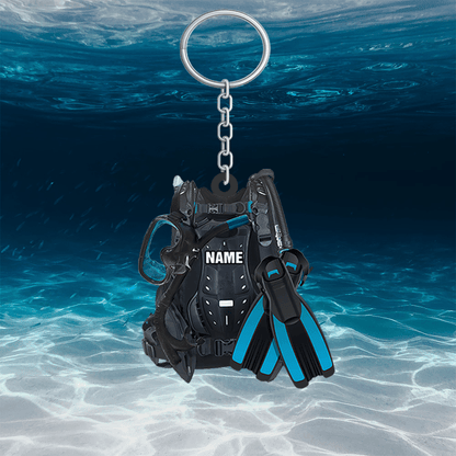 Personalized Scuba Diving Equipment Keychain, Custom Name Flat Keychain for Diver KO0224