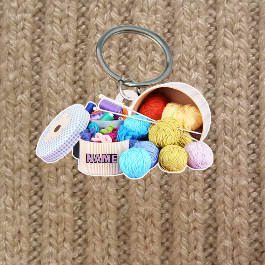 Personalized Knitting Keychain, Custom Name Flat Acrylic Keychain for Knitter KO0216