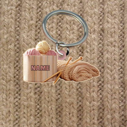 Personalized Knitting Keychain, Custom Name Flat Acrylic Keychain for Knitter KO0216