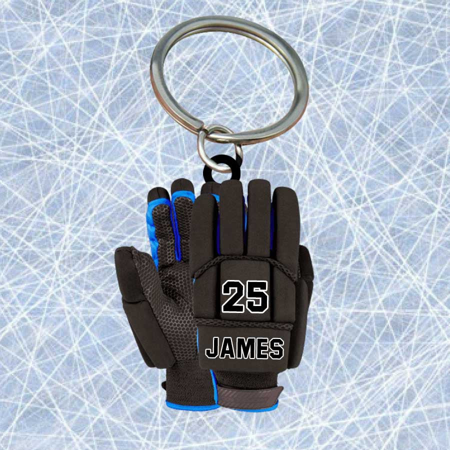 Personalized Ice Hockey Gloves Keychain, Custom Name Flat Acrylic Keychain for Hockey Players KO0215