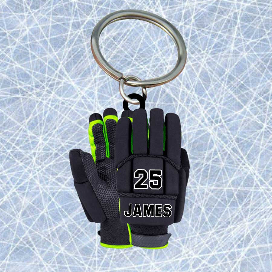 Personalized Ice Hockey Gloves Keychain, Custom Name Flat Acrylic Keychain for Hockey Players KO0215