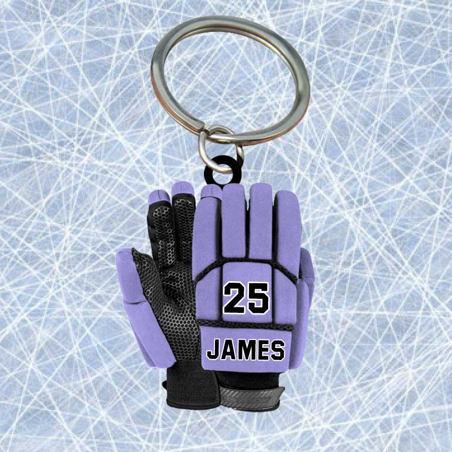 Personalized Ice Hockey Gloves Keychain, Custom Name Flat Acrylic Keychain for Hockey Players KO0215