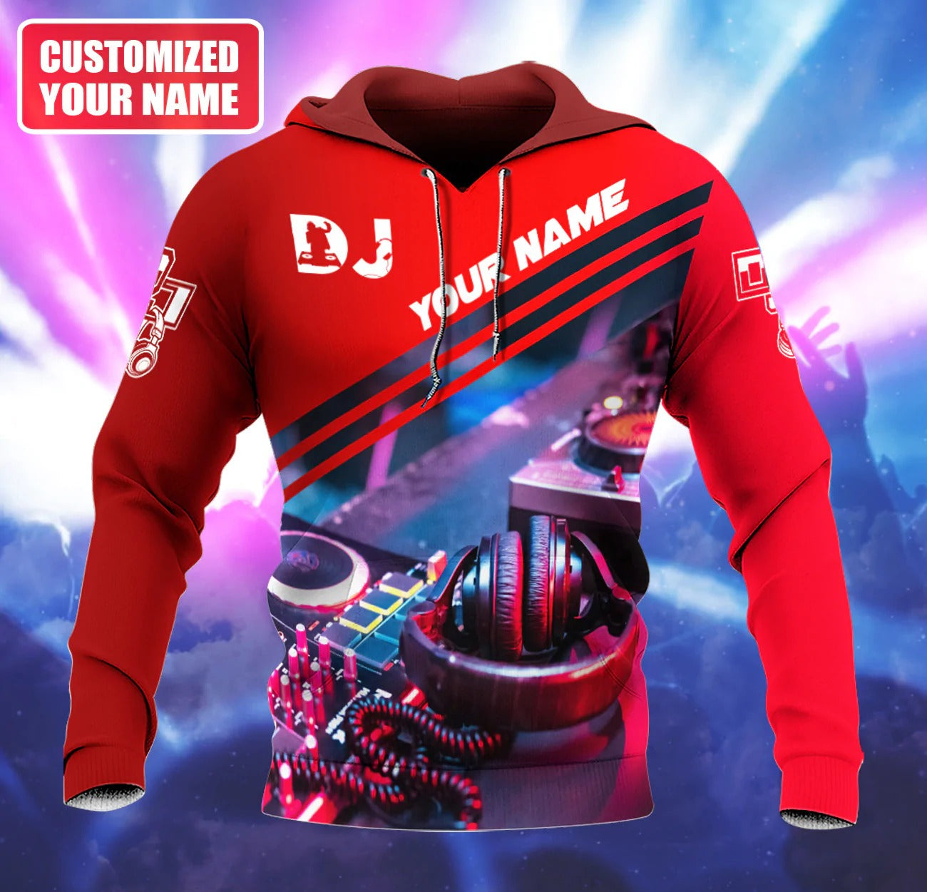 Customized 3D Red DJ Zip Hoodie For DJ Lover, Disc Jockey Player EDM Party Gift, DJ Shirt TO0069