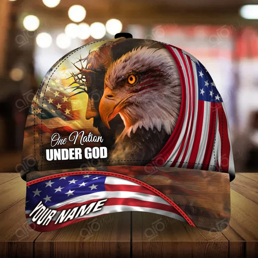 Personalized Jesus Cap, One Nation under God Veteran 3D Baseball Cap, 4th of July Veteran Hat for Him SO0166