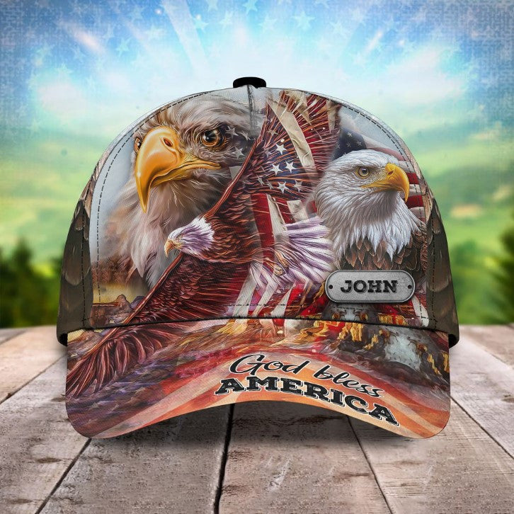 Customized Eagle Jesus Hat, Cross God Bless American Baseball Cap for Veteran Dad SO0404