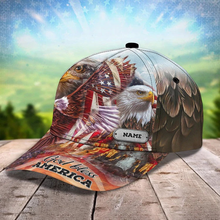 Customized Eagle Jesus Hat, Cross God Bless American Baseball Cap for Veteran Dad SO0404