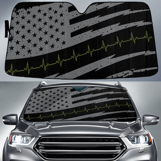 Vintage Grey Black American Flag And Heartbeat Printed Car Sun Shades Cover Auto Windshield Tendpins SO0060