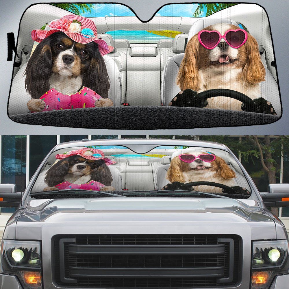 Cavalier King Charles Spaniel-Dog Summer Vacation Couple Car Sun Shade Cover Auto Windshield SO0372