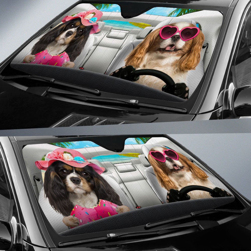 Cavalier King Charles Spaniel-Dog Summer Vacation Couple Car Sun Shade Cover Auto Windshield SO0372