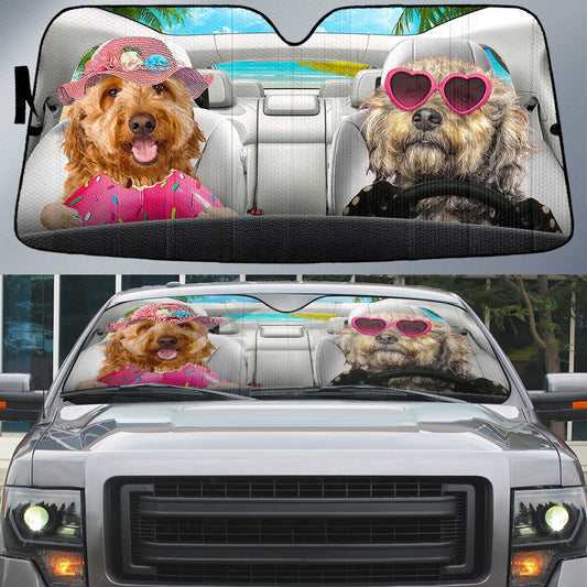 Goldendoodle-Dog Summer Vacation Couple Car Sun Shade Cover Auto Windshield SO0370