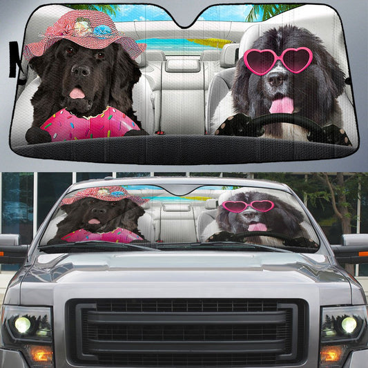 Newfoundland-Dog Summer Vacation Couple Car Sun Shade Cover Auto Windshield SO0369