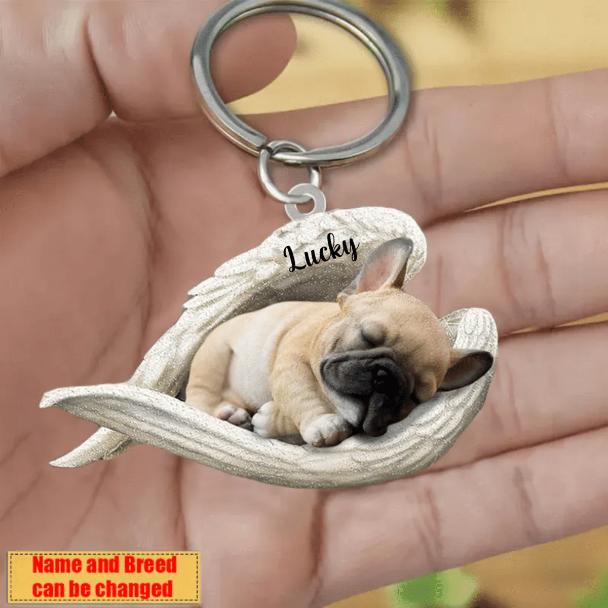 Personalized French Bulldog Sleeping Angle Keychain, Custom Name Dog Acrylic Flat Keychain KO0350