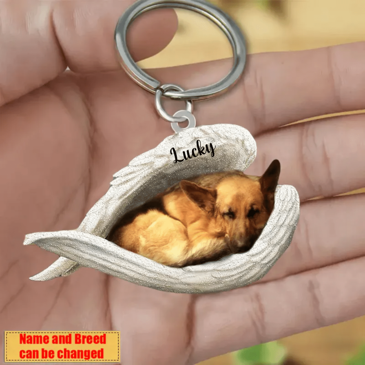 Personalized German Shepherd Sleeping Angle Keychain, Custom Name Dog Acrylic Flat Keychain KO0168