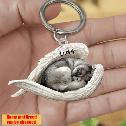 Personalized Husky Sleeping Angle Keychain, Custom Name Dog Acrylic Flat Keychain KO0347