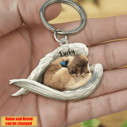 Personalized Husky Sleeping Angle Keychain, Custom Name Dog Acrylic Flat Keychain KO0347