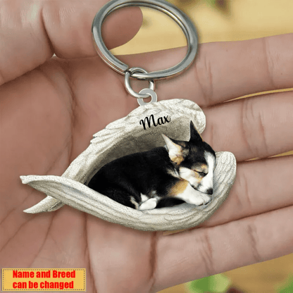 Personalized Corgi Sleeping Angle Keychain, Custom Name Dog Acrylic Flat Keychain Memorial Keychain KO0205