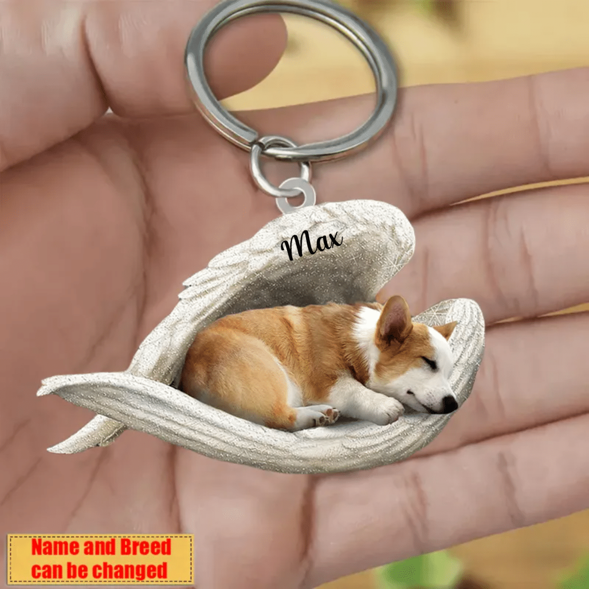 Personalized Corgi Sleeping Angle Keychain, Custom Name Dog Acrylic Flat Keychain Memorial Keychain KO0205