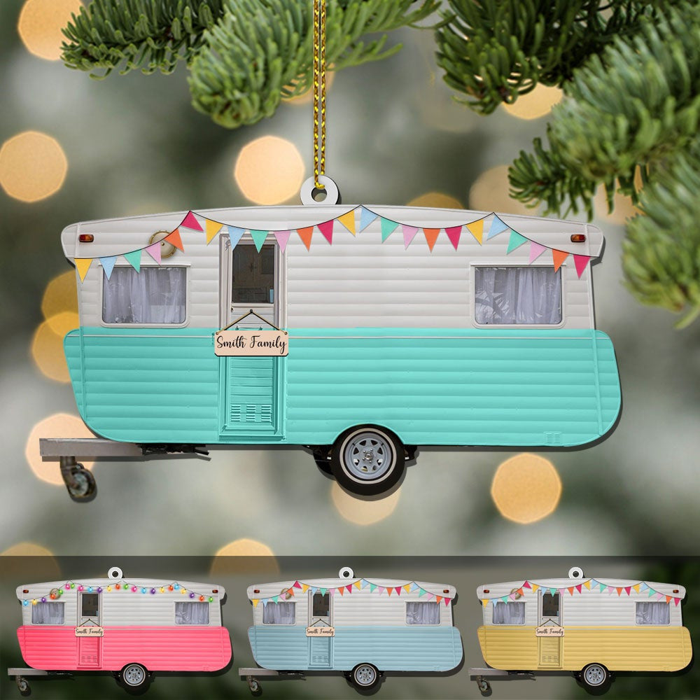 Personalized Camping Family Christmas Ornament Caravan Camper Shaped Acrylic Ornament Two Sides OO3616