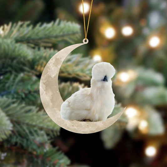 Furry Silkie Chicken Sits On The Moon Hanging Flat Acrylic Ornament OO3465