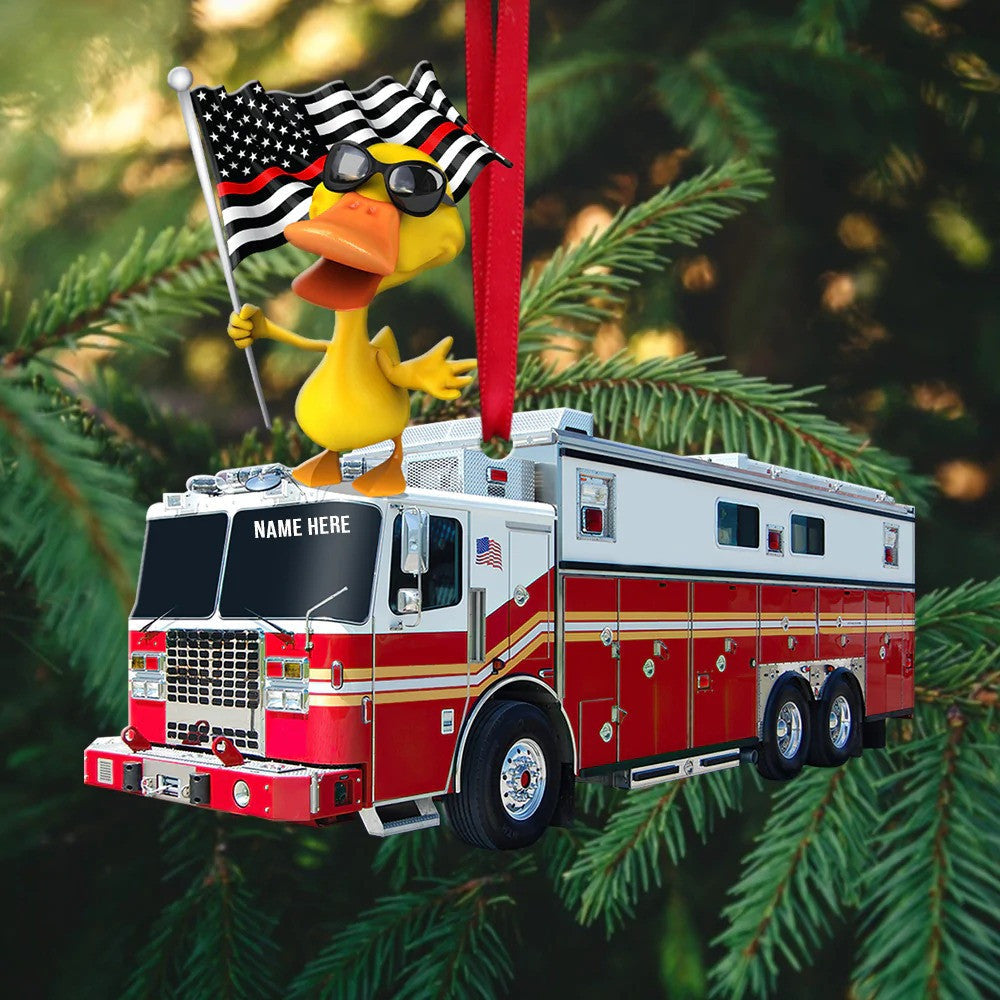 Firefighting Duck Car - Personalized Christmas Ornament - Christmas Gift For Firefighter OO2869