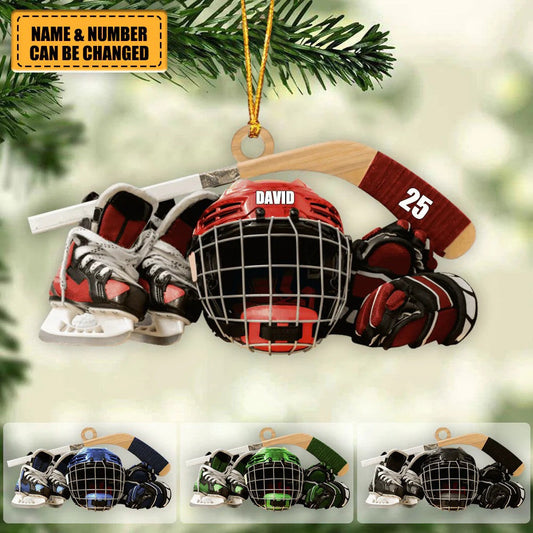 Personalized Hockey Skates Helmet And Stick Christmas Ornament, Flat Acrylic Ornament - Gift For Hockey Lover SO0733