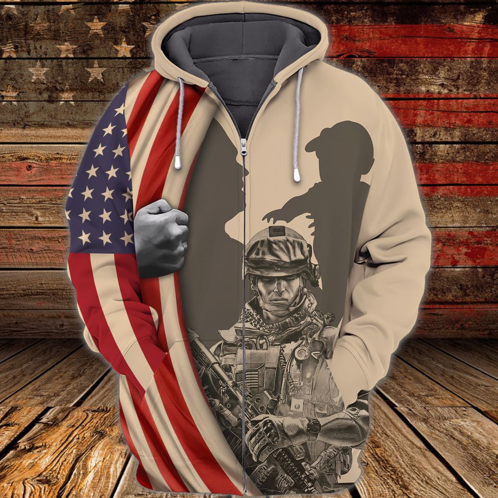 Gift For Veteran Grandpa, 3D Print Shirt Veteran American Flag Pattern, Classic Veteran Zip Up Hoodie TO2750