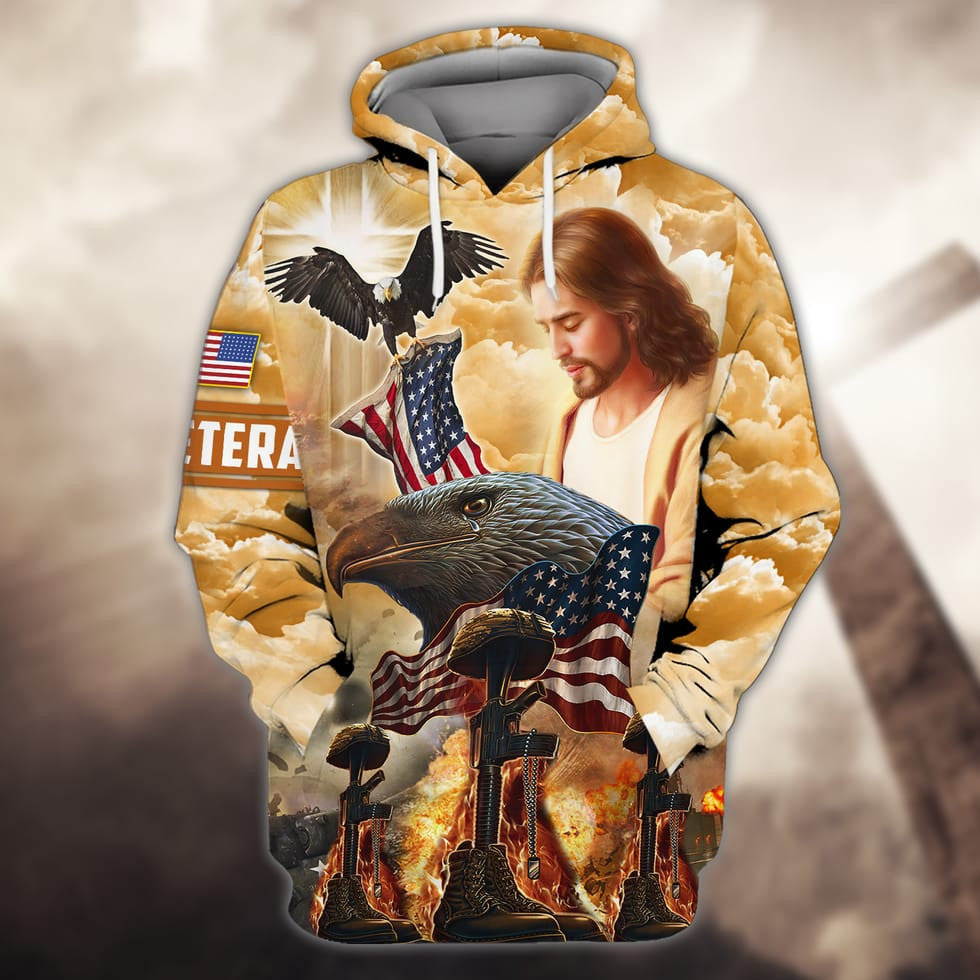 3D Print Veteran Honor Shirt, Jesus American Eagle Veteran Hoodie, Gift For A Veteran TO2780