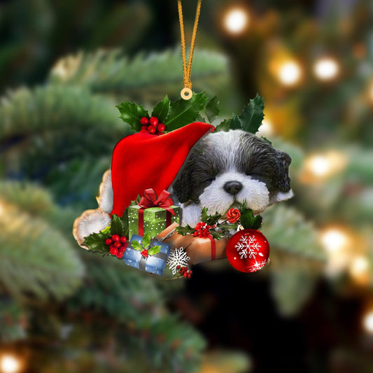 Black White Shih Tzu Sleeping In Hat Christmas Ornament Two Sided SO0659